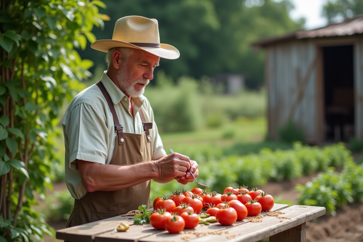 Homme âgé séparant des graines de tomates dans le jardin