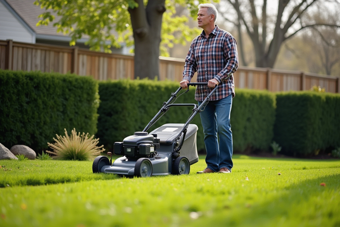 Homme d'âge moyen tond la pelouse au printemps