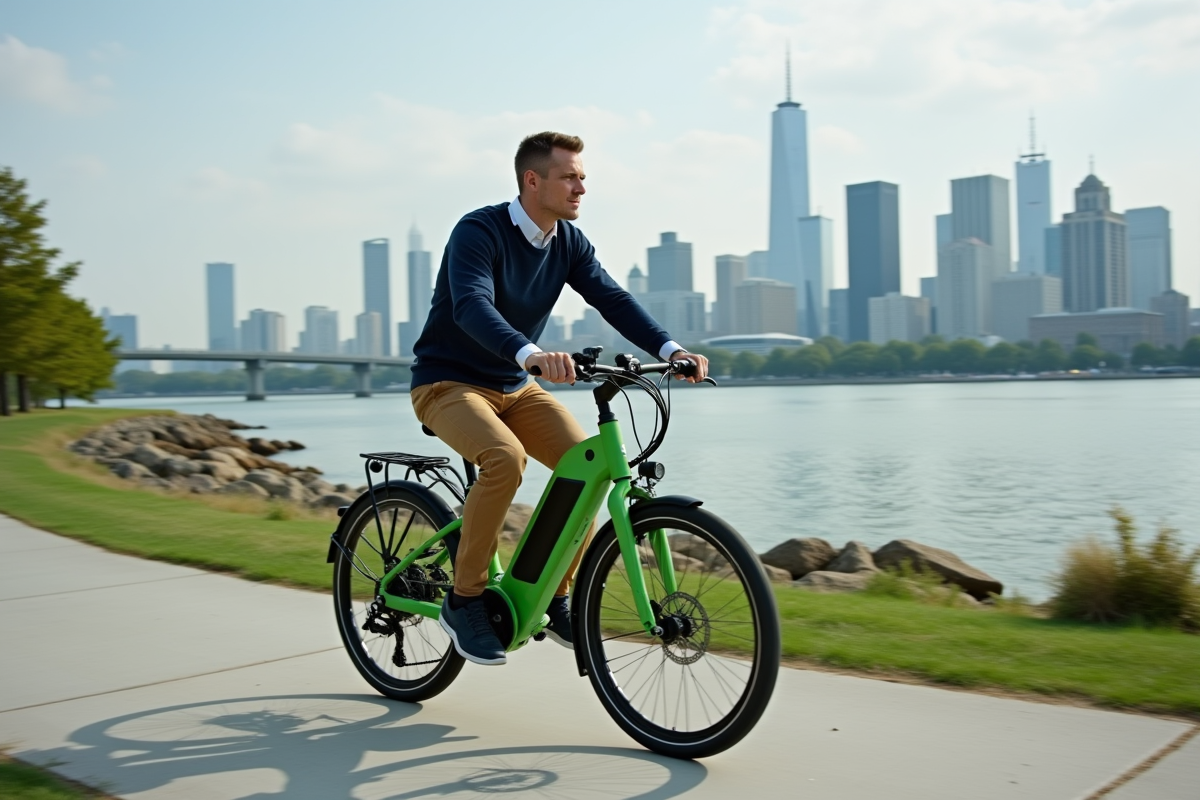 Homme à vélo électrique pédalant au bord de la rivière