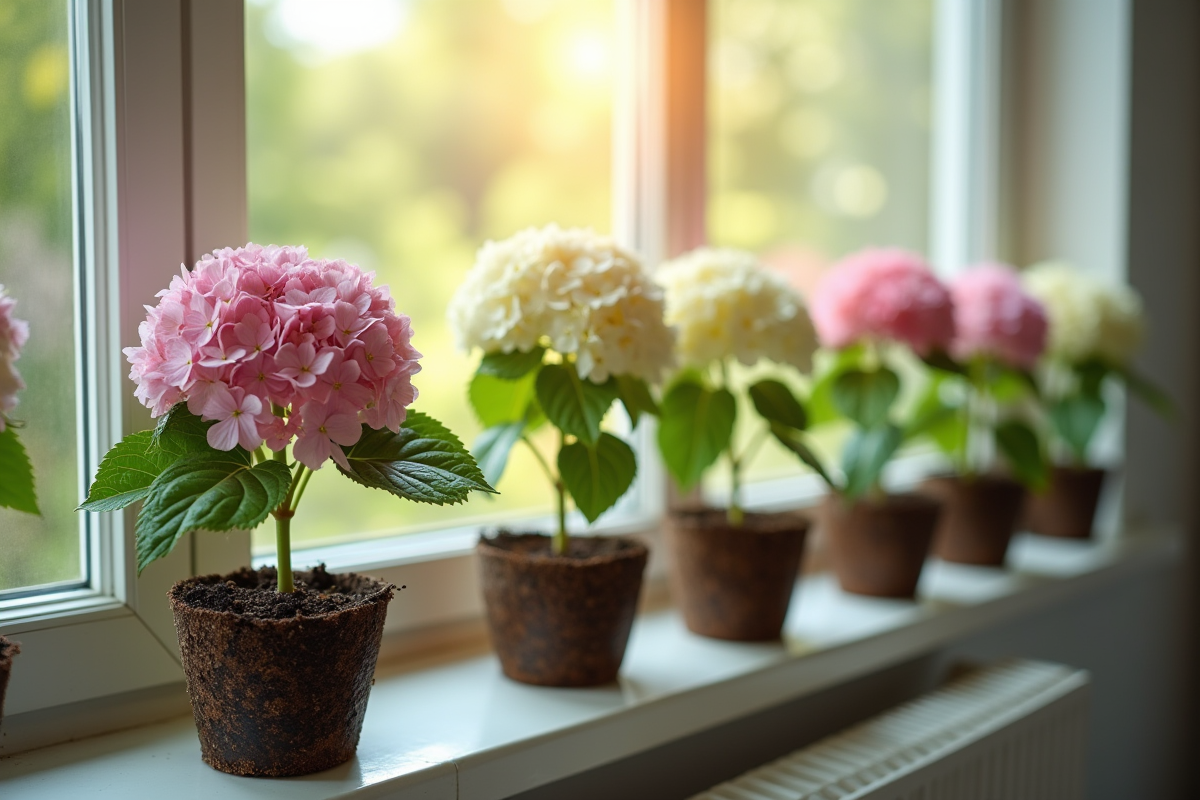 Plusieurs hydrangeas en pot dans une lumière naturelle du matin
