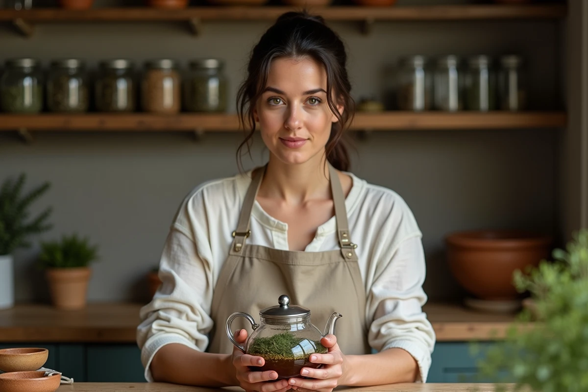 Femme préparant une infusion d'aneth dans une cuisine en bois, remède naturel pour la digestion