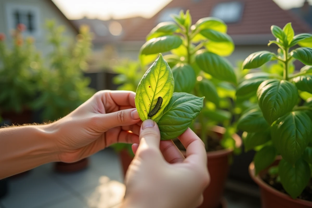 Main inspecant une feuille de basilic trouée avec une chenille verte visible sur un balcon potager