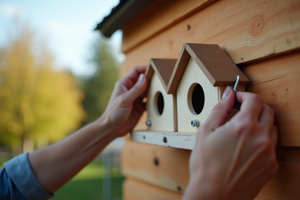 Mains installant un nichoir en PVC avec outils en plein jour