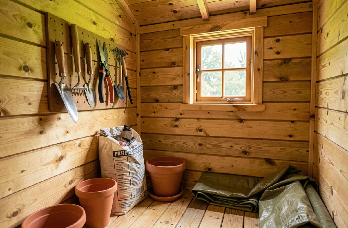 Intérieur d'un abri de jardin en bois rangé avec outils accrochés et matériel de jardinage organisé
