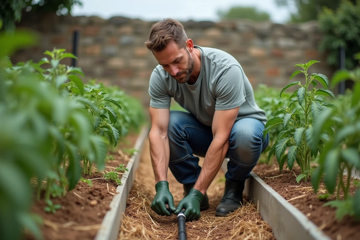 Homme installant un système d'irrigation goutte-à-goutte dans un potager avec paillage et plantes de tomates