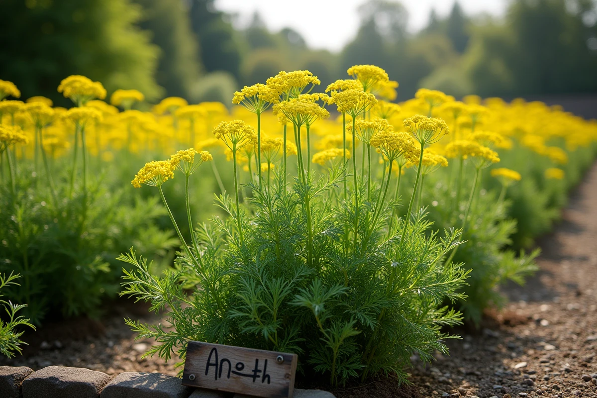 Jardin d'aneth en pleine floraison avec étiquette en bois, culture de plantes médicinales pour la santé digestive