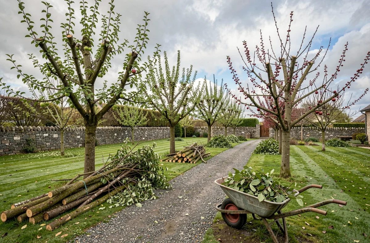 Jardin résidentiel du Morbihan avec arbres fraîchement élagués et branches coupées rangées proprement