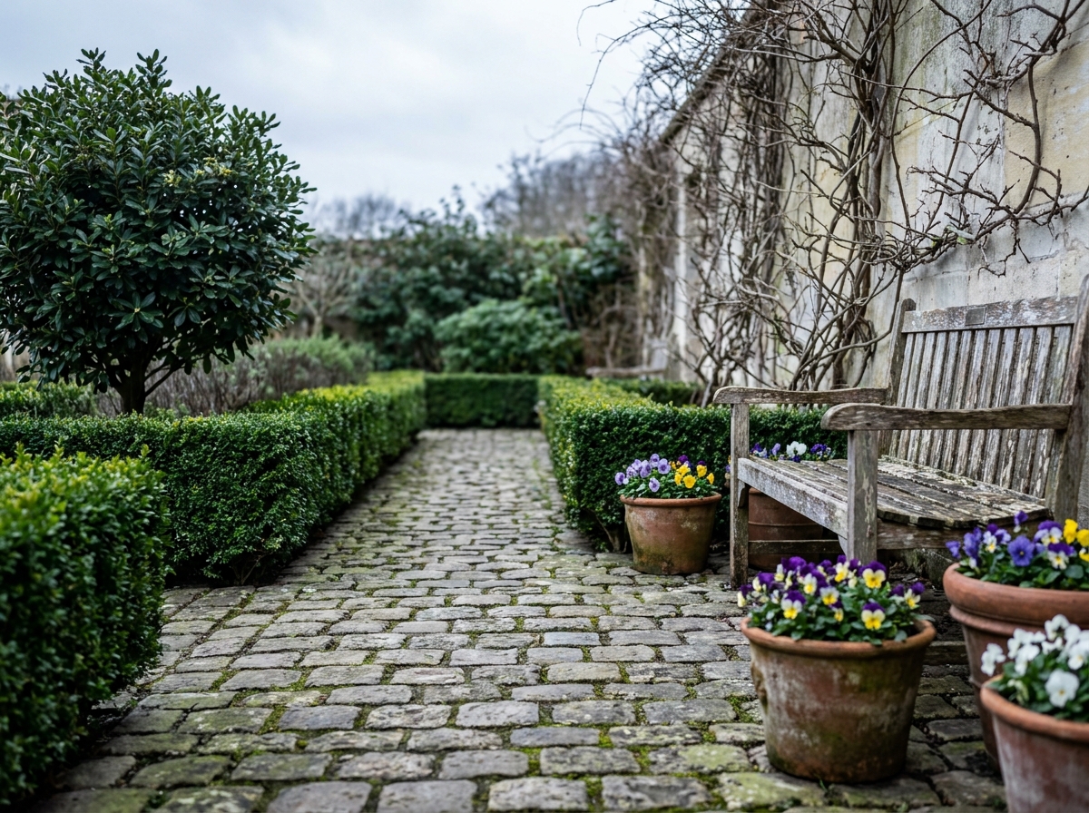 Allée en pierre et haies de buis dans un jardin bordelais aménagé en hiver avec banc en bois