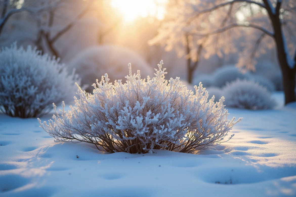 Jardin japonais en hiver avec buissons givrés et neige