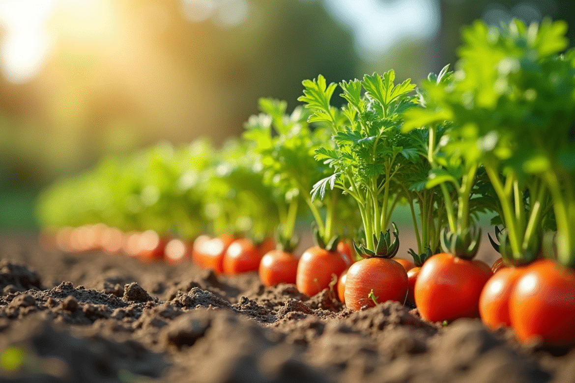 Jardin de légumes en pleine croissance avec carottes et tomates