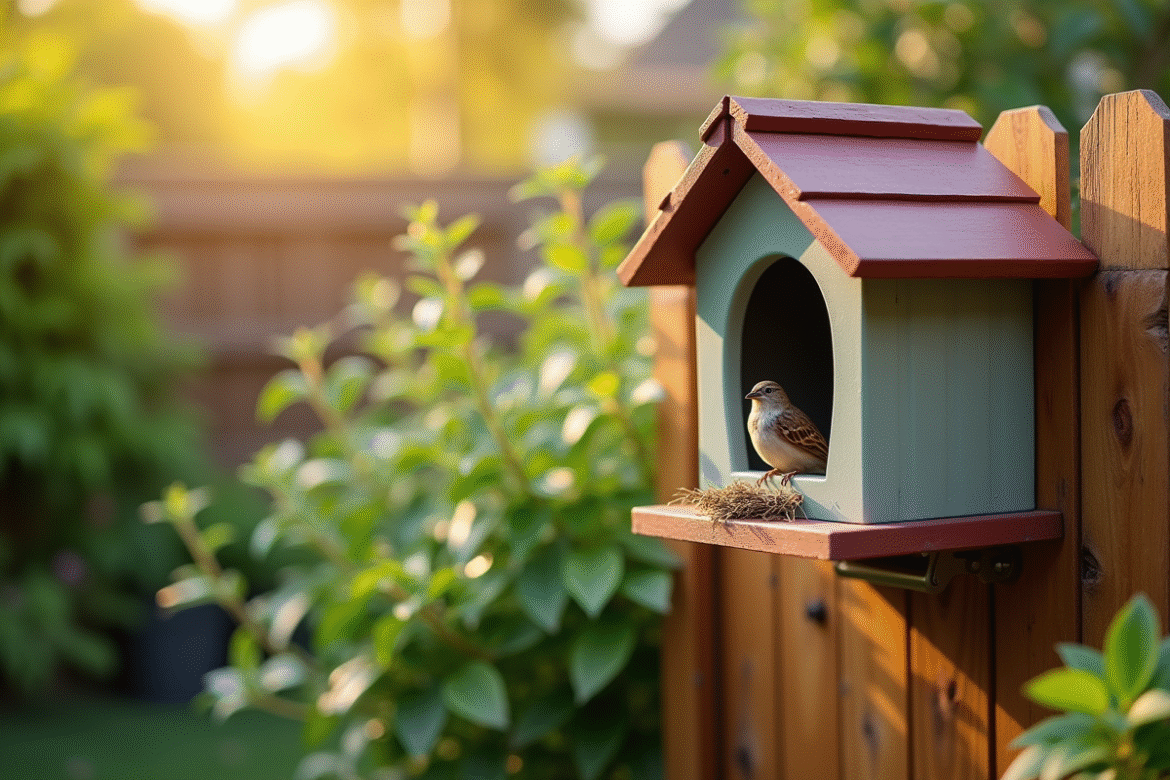 Petit jardin avec nichoir en PVC et moineau sur la clôture