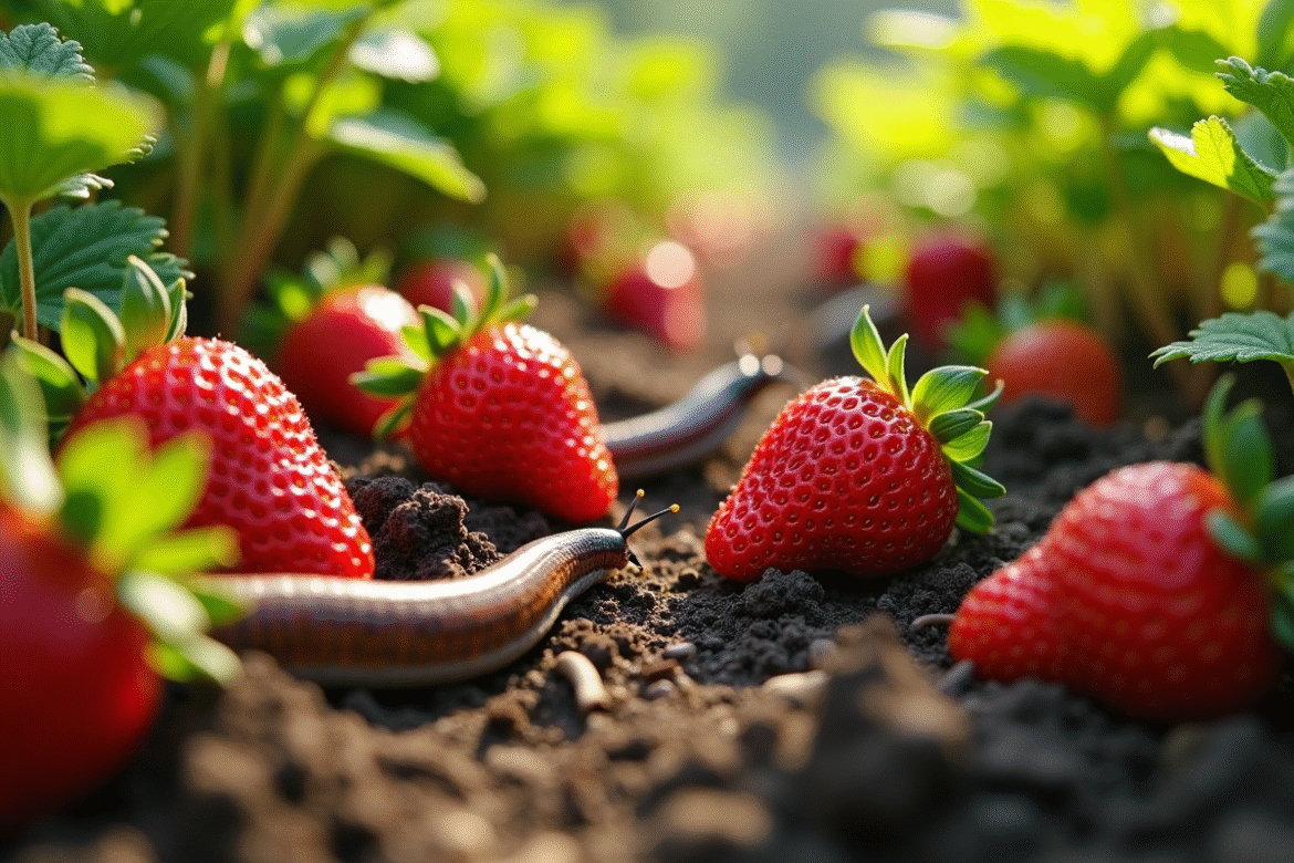 Fraises mûres dans un jardin avec des limaces approchant