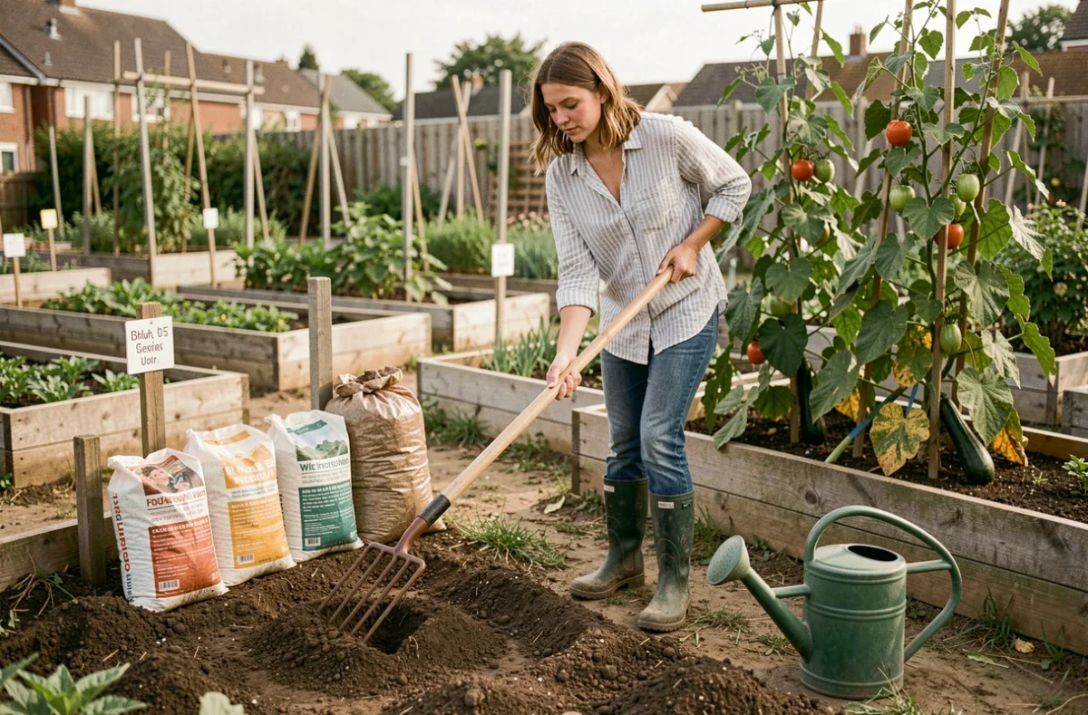 Jeune femme travaillant la terre d'un potager avec une fourche et des amendements pour améliorer un sol pauvre