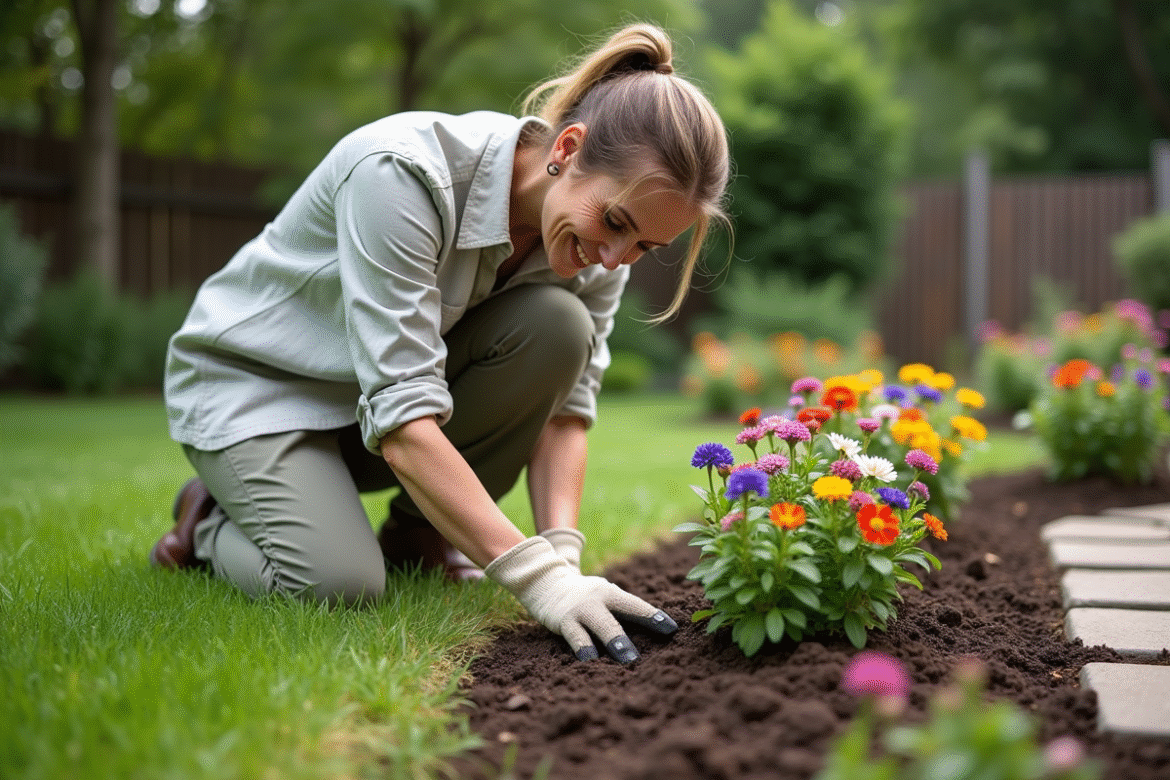 Femme en jardinage plante des fleurs colorées dans l'herbe