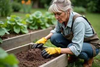 Femme au jardin examine un nid d'abeilles dans le sol