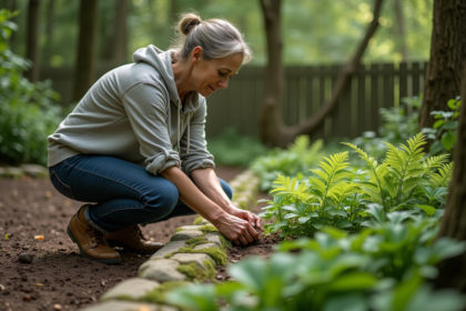 Femme d'âge moyen en jardinage plantant des hostas dans un jardin ombragé