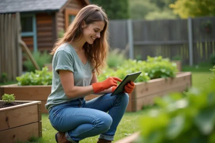 Jeune femme jardinant avec tablette dans un jardin