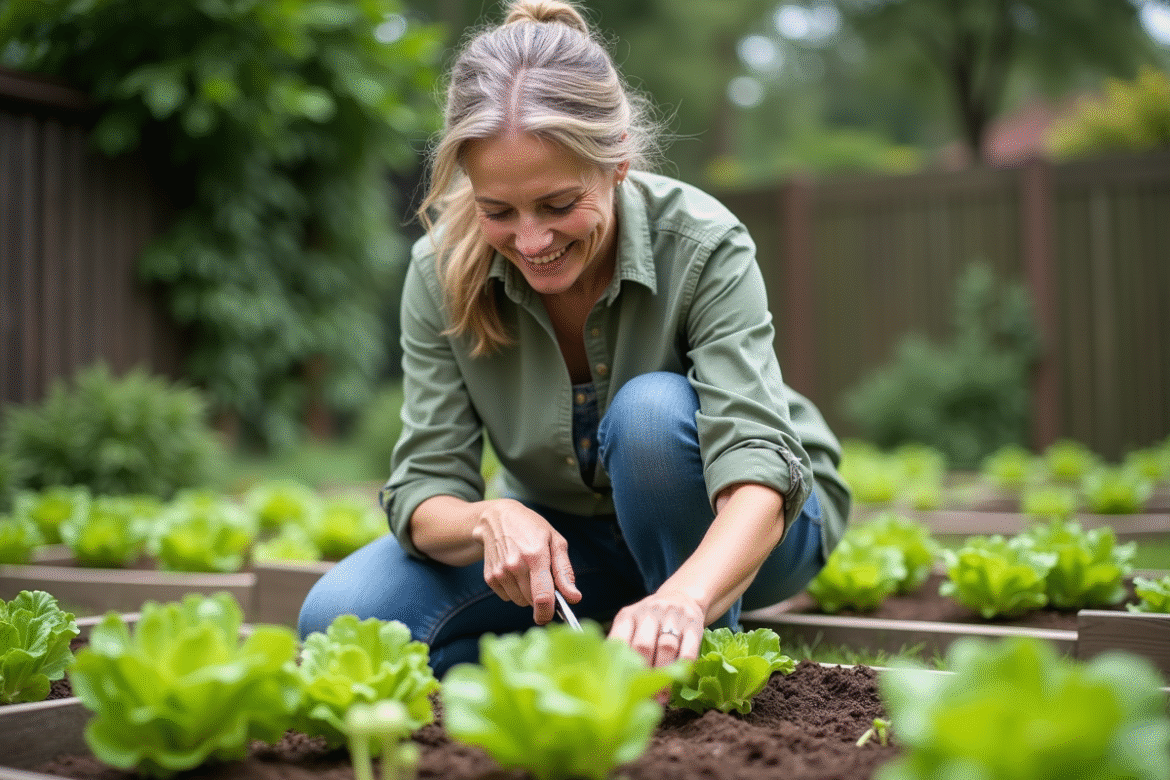 Femme récoltant des jeunes laitues dans son jardin