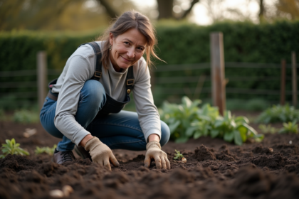 Femme en vêtements de jardinage plantant des navets dans son jardin