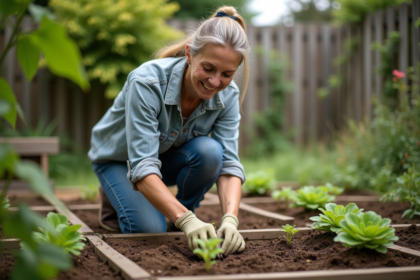 Femme moyenne âge plantant des jeunes légumes dans son jardin