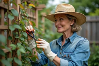 Femme en jardinage prune un rosier avec gants et chapeau