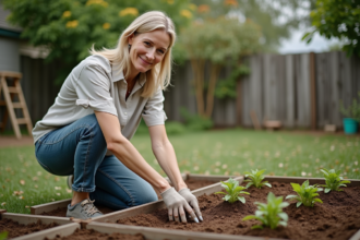 Femme plantant des semis dans un jardin en extérieur