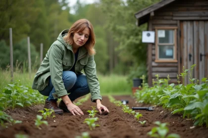 Femme plantant des haricots dans un jardin rural