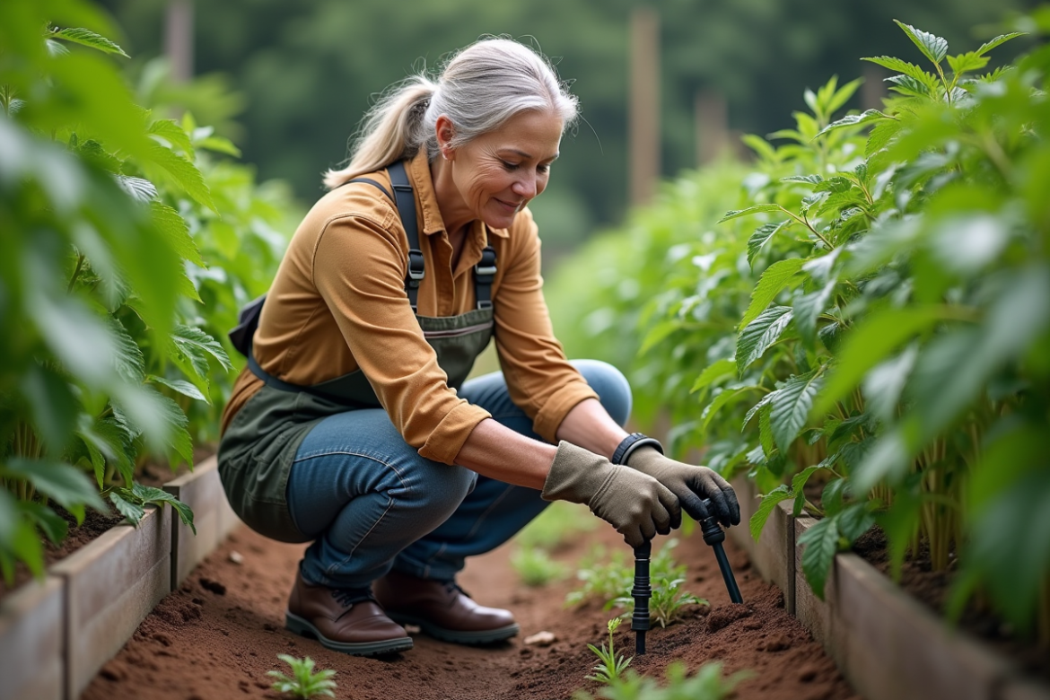 Femme jardinant vérifiant un système d'irrigation dans un jardin