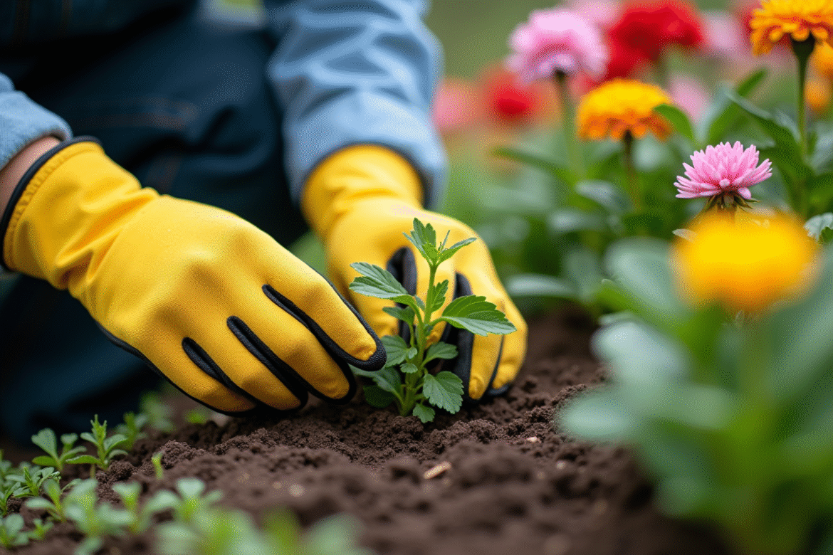Personne en gants de jardinage arrachant des mauvaises herbes