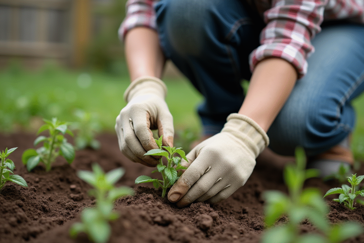 Femme transplantant des jeunes plants de tomates dans son jardin