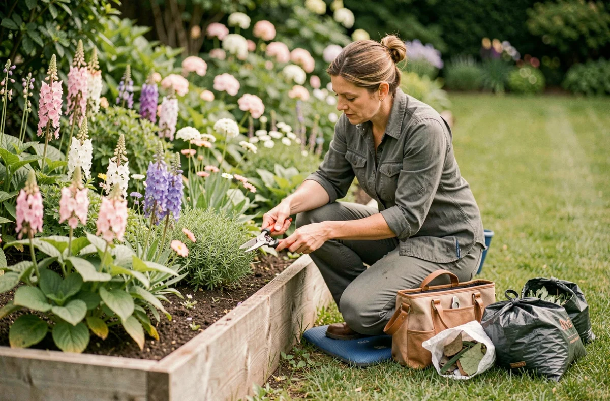Prestataire de JARDINEA SERVICES taillant des plantes vivaces dans un parterre soigné d'un jardin privé avec des outils de jardinage professionnels au premier plan