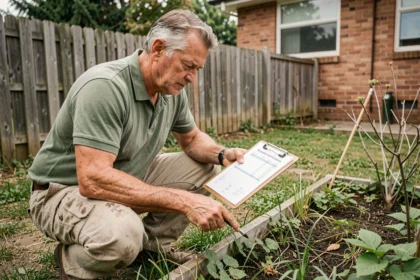 Jardinier professionnel remettant un devis écrit à un particulier dans un petit jardin résidentiel modeste