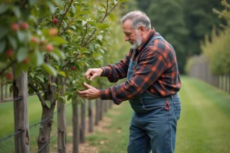 Jardinier examinant un arbre en espalier de peche