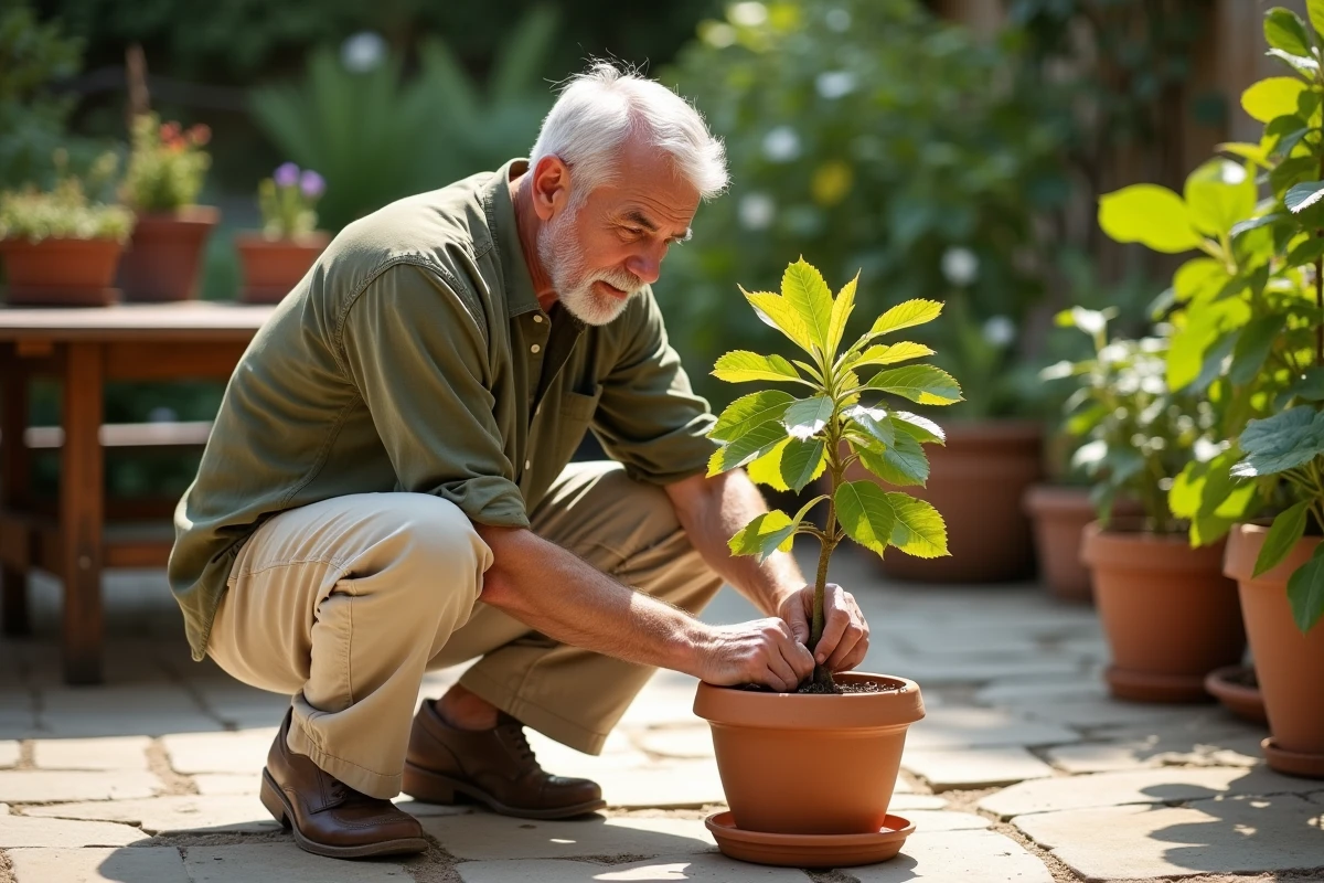 Jardinier examinant attentivement les feuilles jaunissantes et tombantes d'un figuier en pot sur une terrasse en pierre en plein été