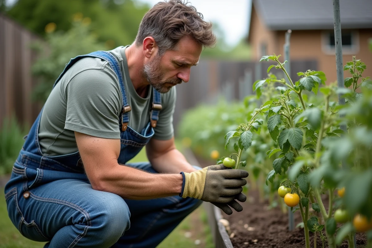 Jardinier inspectant des feuilles de tomates atteintes de taches noires dans un potager surélevé