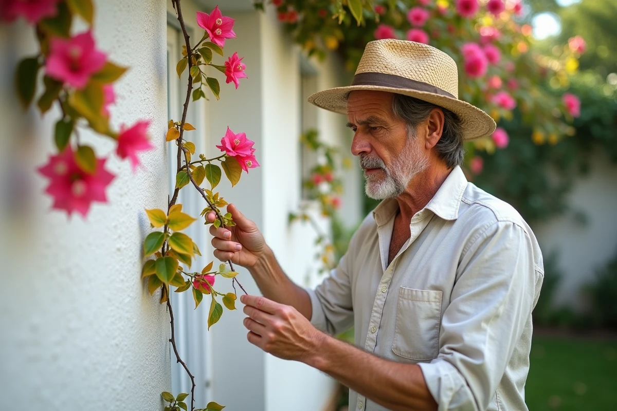 Jardinier inspectant les feuilles jaunissantes d'un bougainvillier grimpant sur un mur blanc pendant une période de canicule
