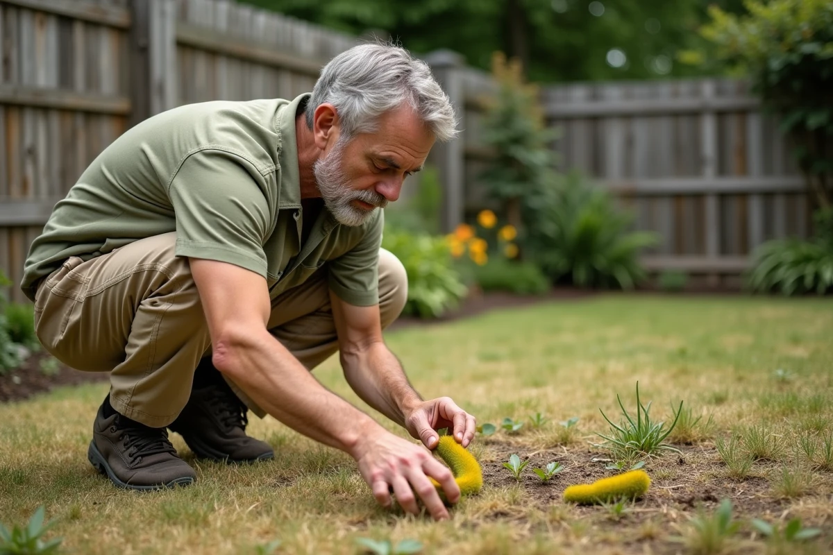 Jardinier inspectant une pelouse endommagée par des chenilles jaunes et vertes avec zones de gazon clairsemé
