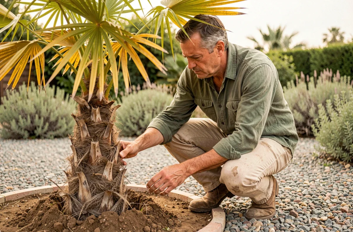 Jardinier inspectant la base d'un palmier jaune en pleine terre pour diagnostiquer un problème de santé