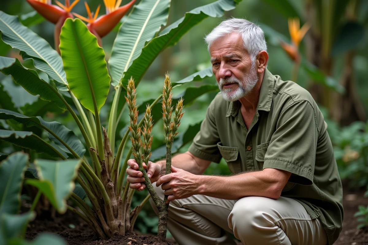 Jardinier évaluant la taille d'un arbre à crevette dans un jardin subtropical