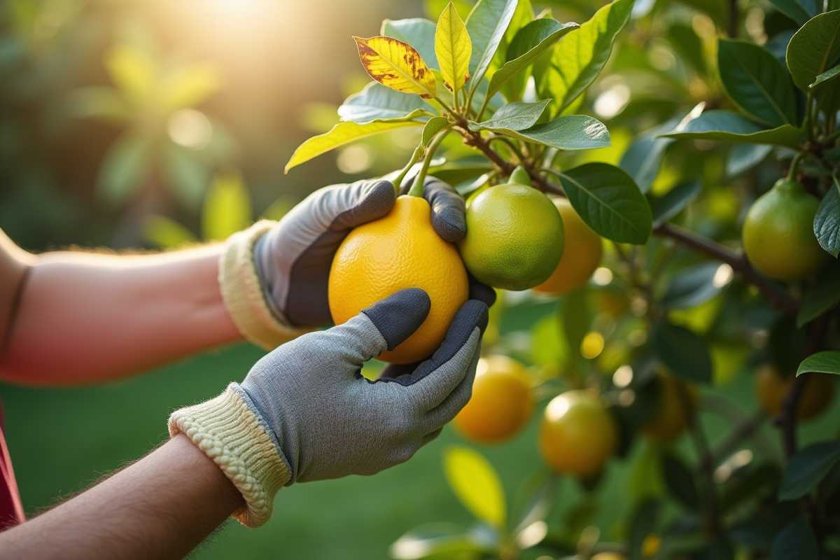 Jardinier examinant branche de citron malade en jardin