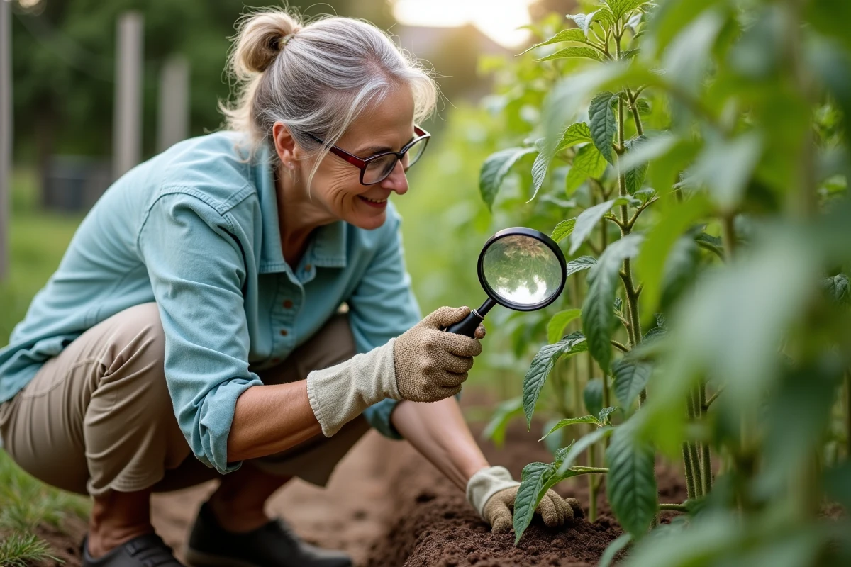 Femme jardinière inspectant une plante de tomate à la recherche de petits insectes rouges nuisibles