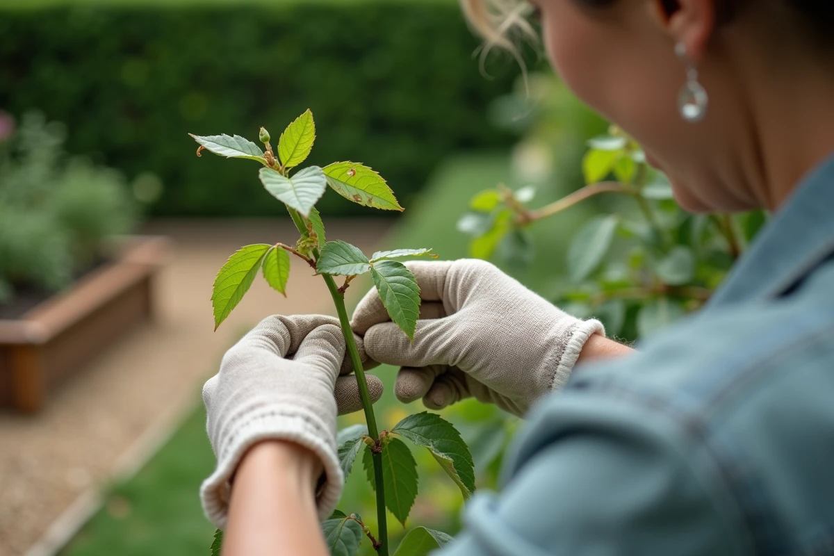 Jardinière inspectant un rameau de rosier endommagé par des chenilles vertes avec feuilles trouées, jardin potager en arrière-plan