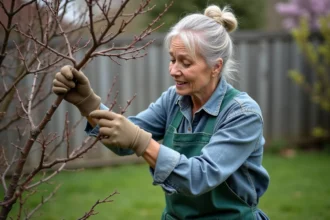 Jardinière inspectant un lilas du Japon sans fleurs au printemps dans un jardin de banlieue