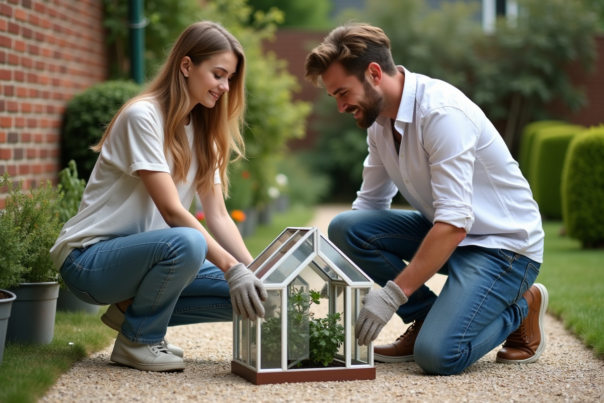 Jeune couple posant une mini serre dans un jardin urbain moderne