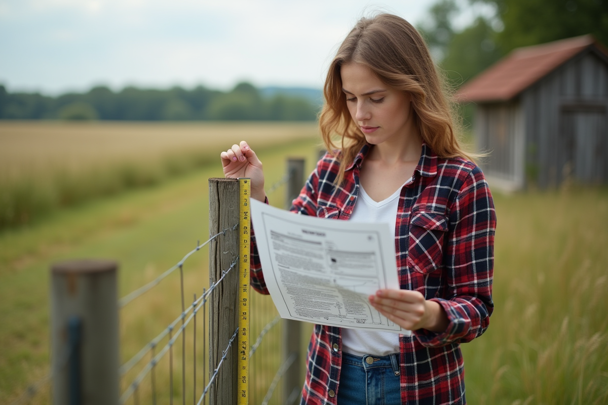 Jeune femme lisant instructions de cloture dans un jardin rural