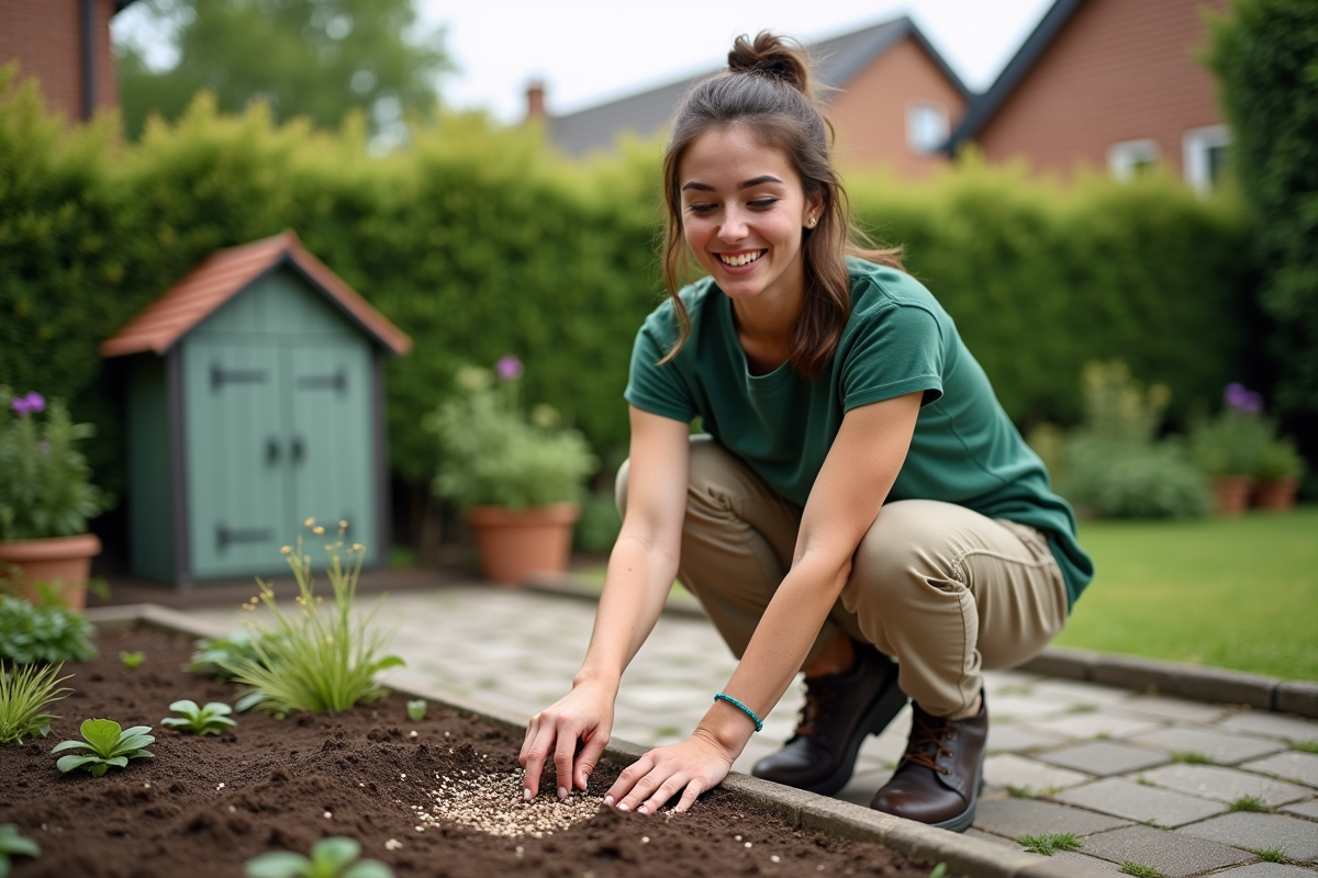 Jeune femme plantant des graines dans un petit jardin urbain