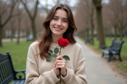 Jeune femme souriante avec une rose rouge dans un parc parisien
