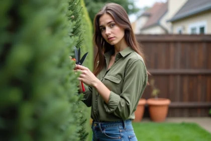 Jeune femme taillant un buisson de romarin dans son jardin