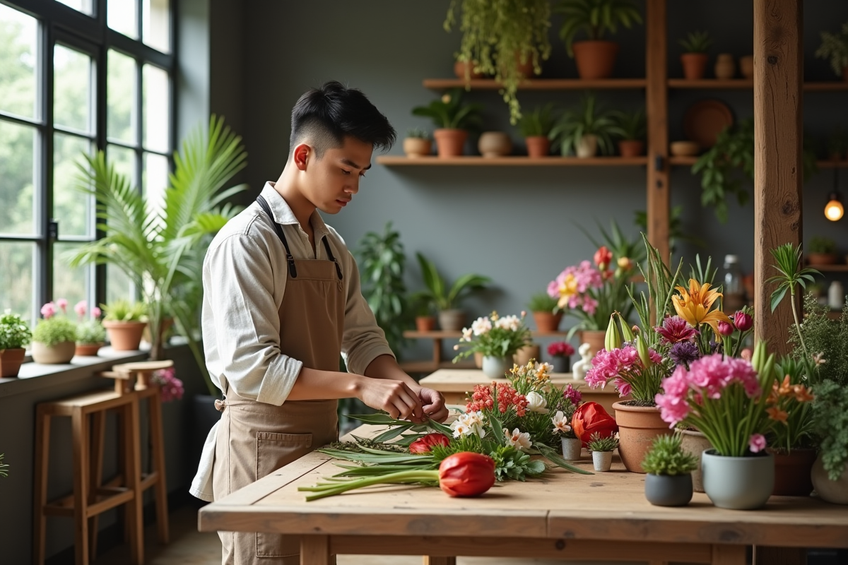 Jeune fleuriste arrangeant fleurs exotiques