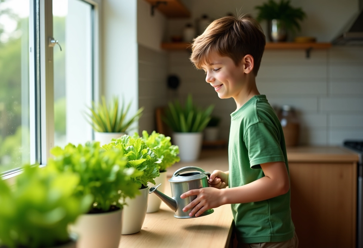 Garçon arrosant des laitues dans la cuisine lumineuse